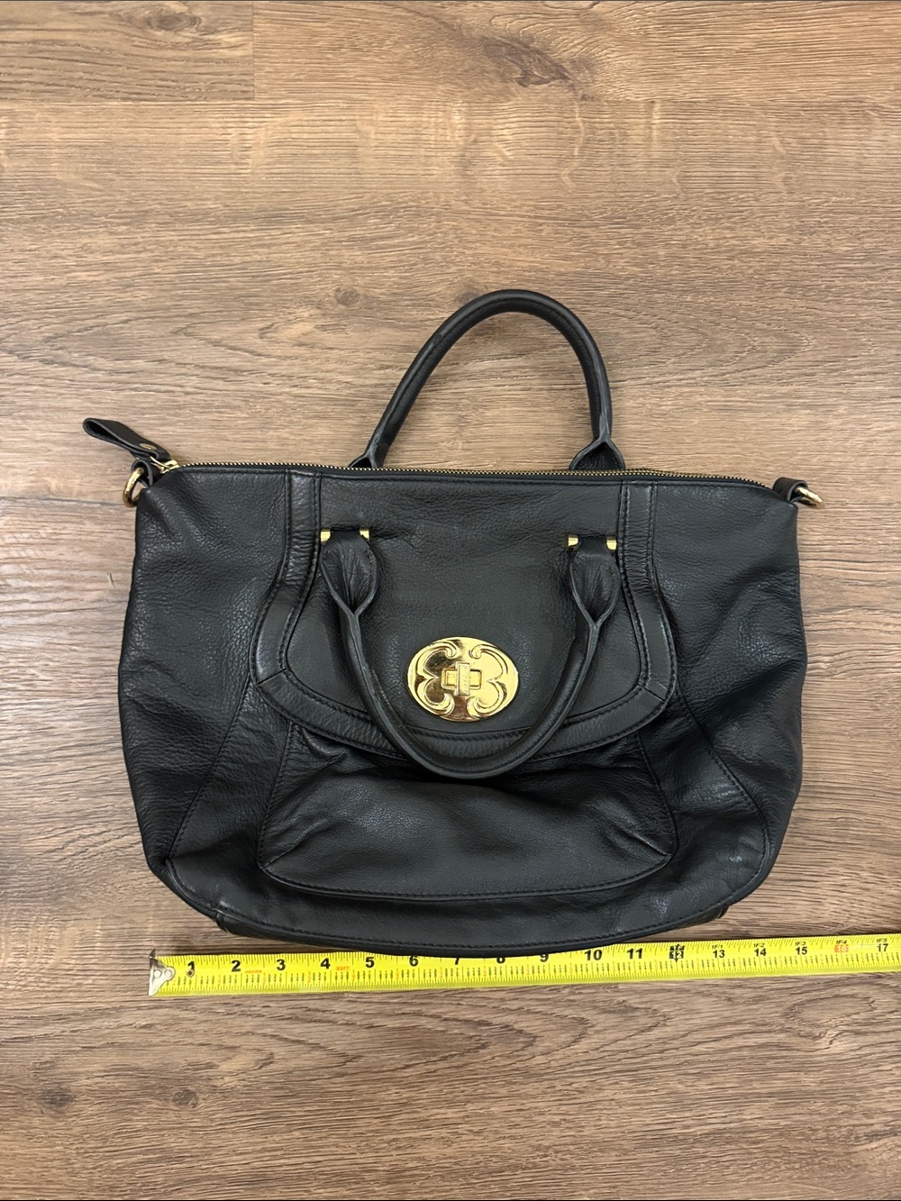 Emma Fox Black Pebbled Leather Satchel with Gold Medallion detachable strap